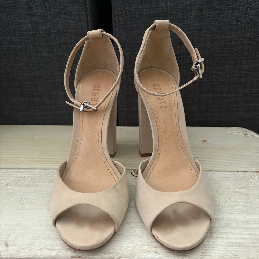 SCHUTZ Taupe Block Heel Sandals - Picture 8 of 16